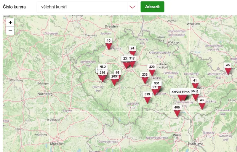 Mapa s aktuální polohou kurýrů Florea