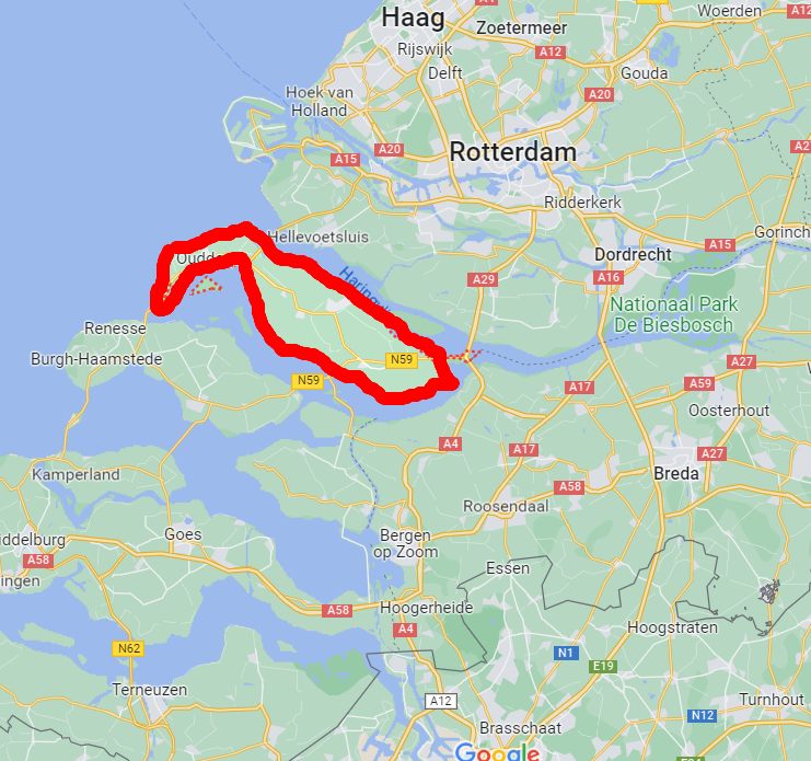 Mapa ostrova Goerree Overflakkee v jižním Holandsku