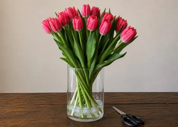 Kytice barevných řezaných tulipánů ve vysoké skleněné váze