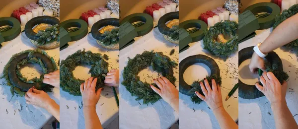 Přivazování chvojí na základ adventního věnce