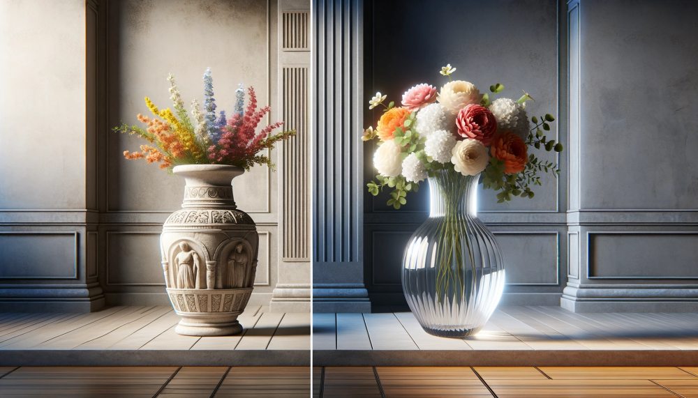 Porovnání skleněných a kamenných váz