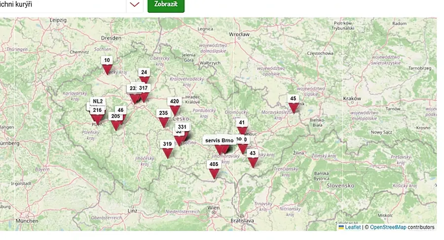 Mapa České republiky s polohou rozvozových vozů Florea