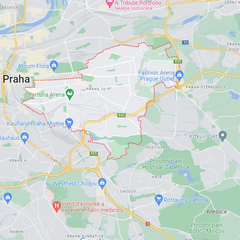 Mapa pro rozvoz květin v Praze 10