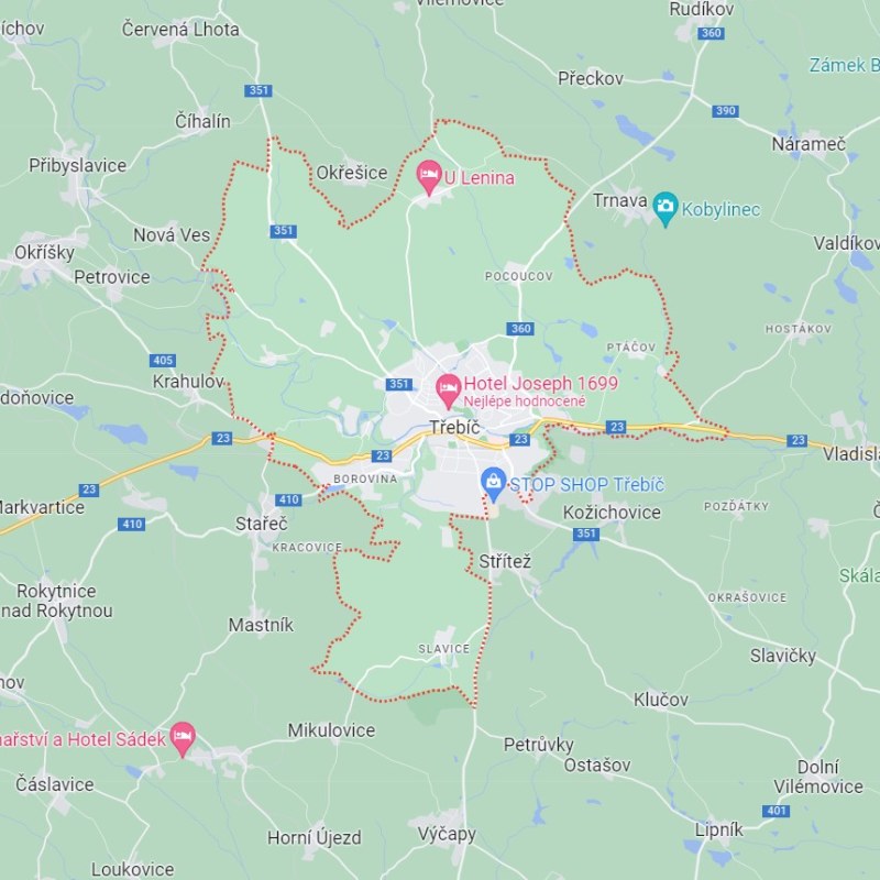 Mapa rozvozu květin v Třebíči