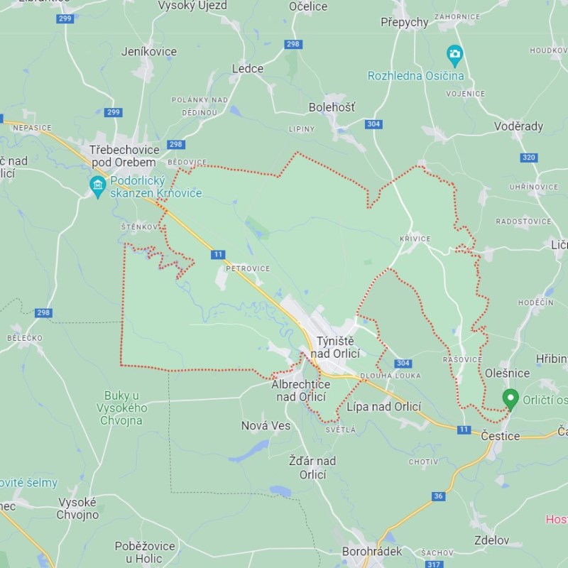 Mapa rozvozu květin v Týništi nad Orlicí