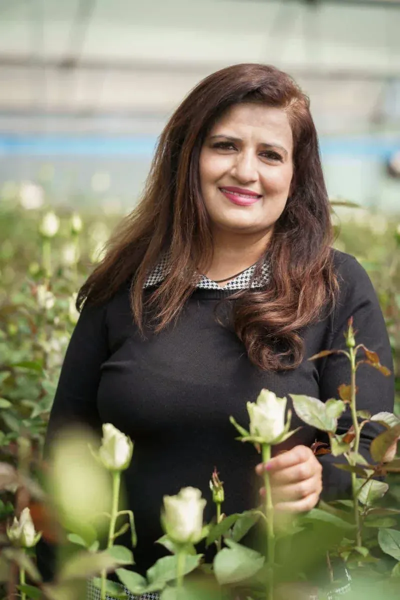 Žena mezi bílými růžemi ve skleníku Bloomingdale Roses