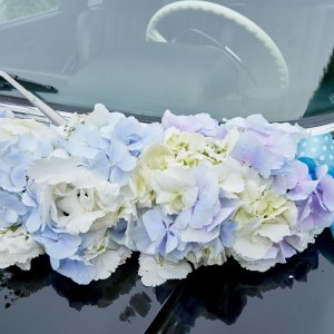 Svatební květiny na auto z hortenzie a gypsophily