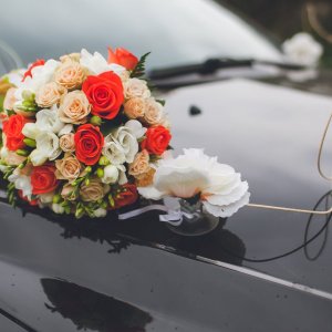 Svatební květiny na auto z růží a frézie