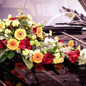 Svatební květiny na auto z růží, gerbery a chryzantémy
