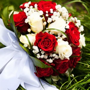 Svatební kytice pro nevěstu z bílých a červených růží a gypsophily