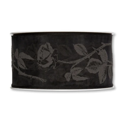 Smuteční organza  s potiskem růží černá světlá 50mm x 20m