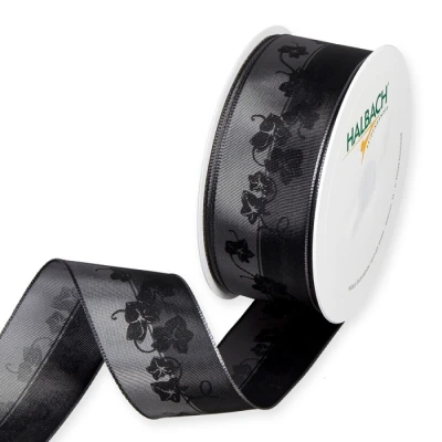 Lesklá smuteční stuha s potiskem břečťanu a drátěným okrajem šedá 40mm x 20m