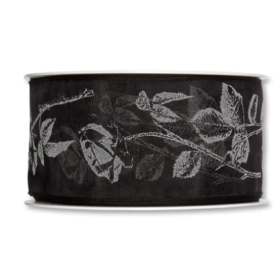 Smuteční organza  s potiskem růží černá tmavá 50mm x 20m