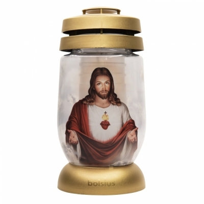 Hřbitovní lucerna skleněná Ježíš spasitel zlatá 36hod (výška 235mm, šířka 110mm)