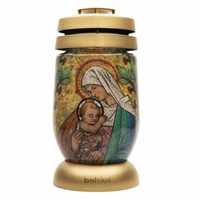 Hřbitovní lucerna skleněná Svatá Marie s dítětem zlatá 36 hod (výška 235 mm, šířka 110 mm)