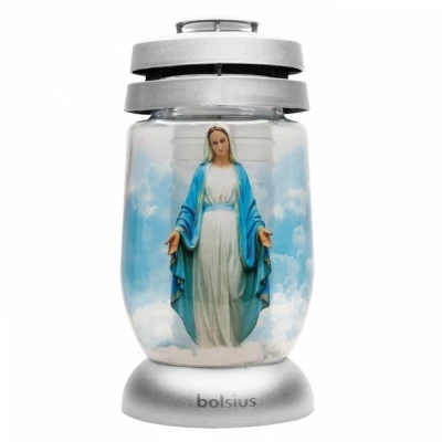 Hřbitovní lucerna skleněná Svatá Marie stříbrná 36 hod (výška 235 mm, šířka 110 mm)