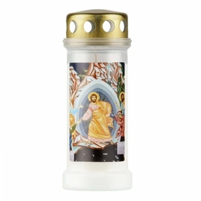 Hřbitovní svíčka s víčkem Ježíšovo vzkříšení 70 hod (výška 173 mm, šířka 67 mm)