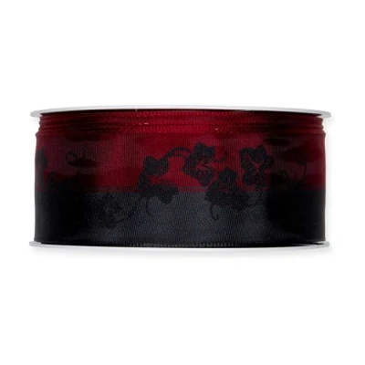 Lesklá smuteční stuha s potiskem břečťanu a drátěným okrajem červená 40mm x 20m