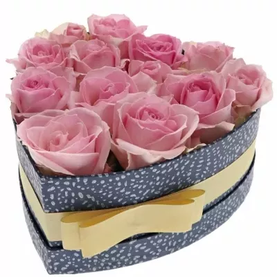 Krabička svetle ružových ruží AVALANCHE SORBET + modrá 19x9cm