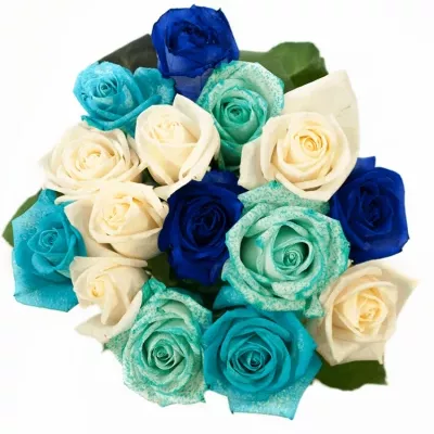 Míchaná kytice 15 vícebarevných růží ALDARA 50 cm
