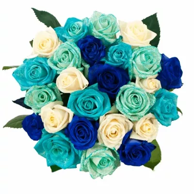 Míchaná kytice 25 vícebarevných růží ALDARA 50 cm