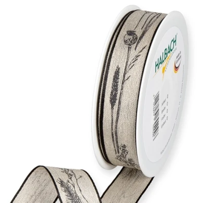 Lněná stuha s potiskem trávy hnědá 25mm x 15m
