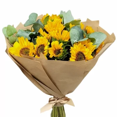 Míchaná kytice 21 žlutých slunečnic s eukalyptem v dárkovém balení