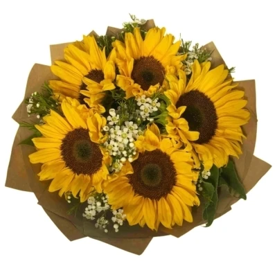 Míchaná kytice 5 žlutých slunečnic INKA 60 cm