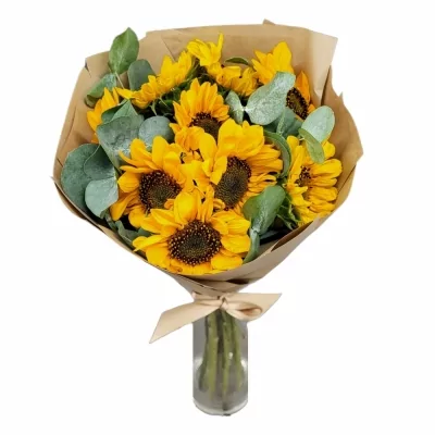 Míchaná kytice 9 žlutých slunečnic s eukalyptem v dárkovém balení