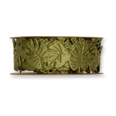 Perforovaná saténová stuha Monstera zelená 25mm x 5m