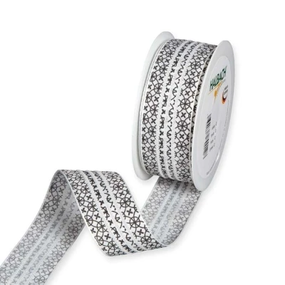 Potištěná pruhovaná stuha s květinovým ornamentem bílo-černá 35mm x 15m