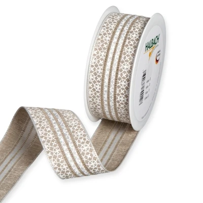 Potištěná pruhovaná stuha s květinovým ornamentem hnědá 35mm x 15m