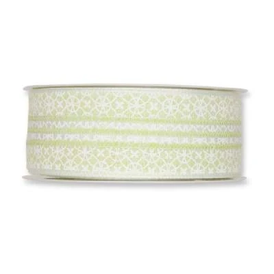 Potištěná pruhovaná stuha s květinovým ornamentem zelená 35mm x 15m
