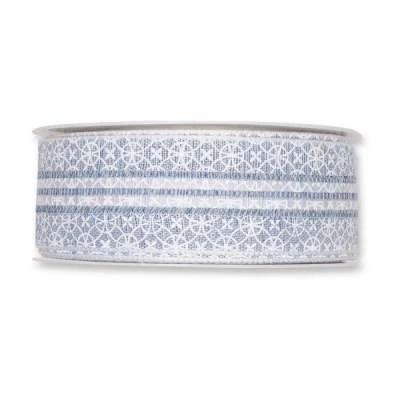 Potištěná pruhovaná stuha s květinovým ornamentem modrá 35mm x 15m