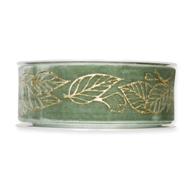 Potištěná sametová stuha s listy zelená 38mm x 6m