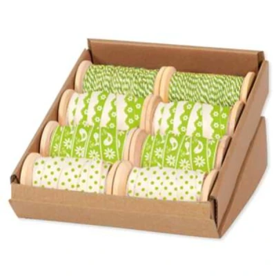 Mix 8 bavlněných stuh na dřevěných cívkách zelená 6 x 5m + 2 x 25m