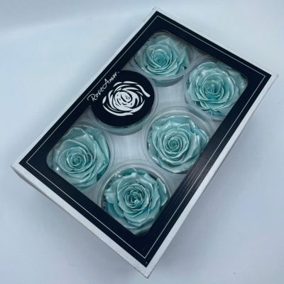 Stabilizované ledově modré růže Satin v krabičce 6ks