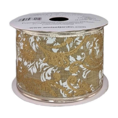 Stuha jutová s drátkem béžová ornamenty 9.1 m