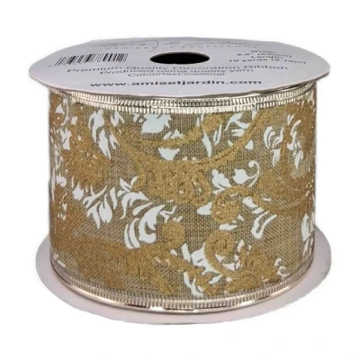 Stuha jutová s drátkem béžová ornamenty 9.1 m