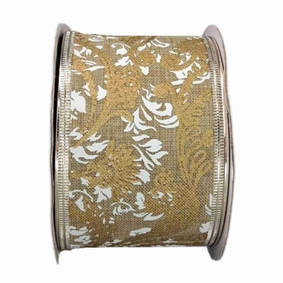 Stuha jutová s drátkem béžová ornamenty 9.1 m