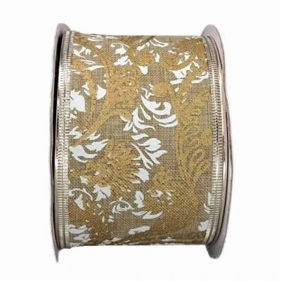 Stuha jutová s drátkem béžová ornamenty 9.1 m