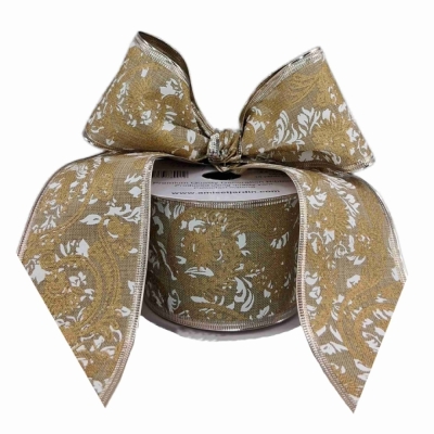 Stuha jutová s drátkem béžová ornamenty 9.1 m