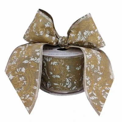 Stuha jutová s drátkem béžová ornamenty 9.1 m