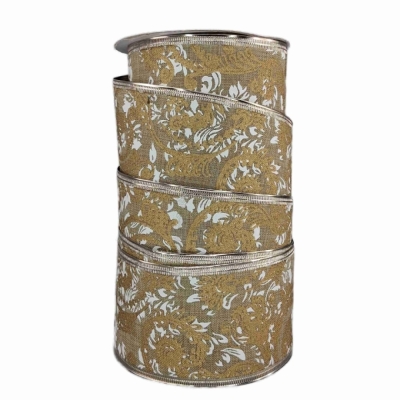 Stuha jutová s drátkem béžová ornamenty 9.1 m