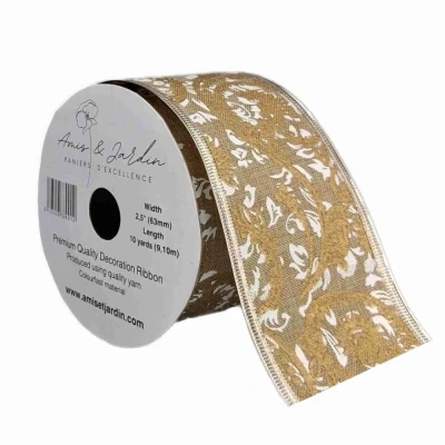 Stuha jutová s drátkem béžová ornamenty 9.1 m