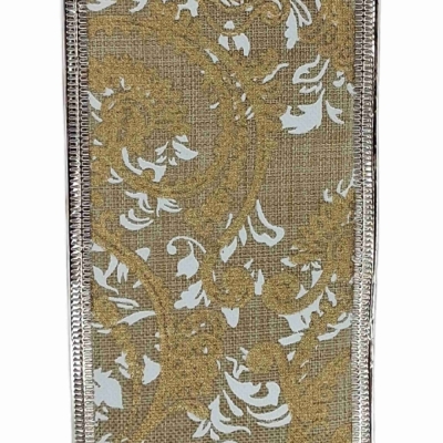 Stuha jutová s drátkem béžová ornamenty 9.1 m