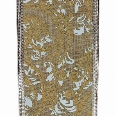 Stuha jutová s drátkem béžová ornamenty 9.1 m