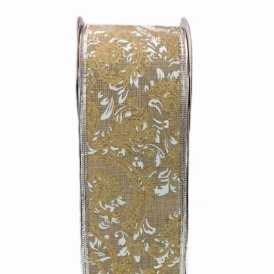 Stuha jutová s drátkem béžová ornamenty 9.1 m