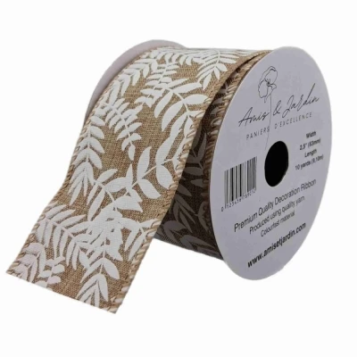 Stuha jutová s drátkem béžová přírodní listy 9.1 m