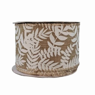 Stuha jutová s drátkem béžová přírodní listy 9.1 m